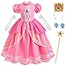Luzlen Princess Peach Costume for Girls, Super Brothers Princess Dress Halloween Cosplay Pink Outfit, Pink, 5-6 Years(Label 120)