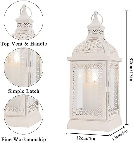 TRIROCKS Rustic Style Metal Candle Lantern 32cm High Decorative Hanging Lantern Candle Holder with Clear Glass Perfect for Living Room Garden Yard Patio Parties Events Indoors Outdoors (Cream)
