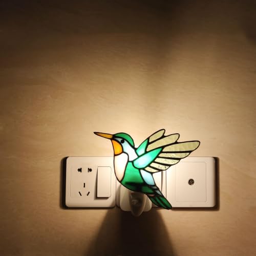 Image of CHEZBABY Stained Glass Hummingbird Plug-in Night Light | Art glass shade, 1W LED bulb, 120V rotatable plug with switch, Nature-inspired charm for bedroom,hallway,living room,kitchen.