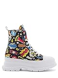  Zapatillas altas para mujer, fabricadas en Italia, de tela de cómics con plataforma y punta de goma, color negro Negro Size: 36 EU