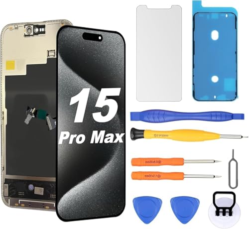 OLED Display für iPhone 15 Pro Max Displayreparatur [Soft OLED NICHT Hard OLED] 3D-Touch Display Total HD Digitizer Baugruppe mit Reparatur-Werkzeugsatz wasserdichter Kleber Displayschutzfolie
