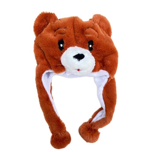 Danny Go! Official Bearhead Soft Warm Plush Hat With Ear Flaps Patch - Cozy Winter Hat For Kids & Adults - One Size