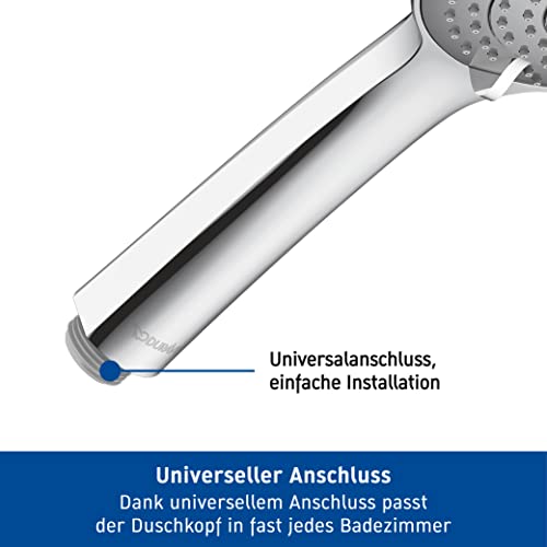 Duravit Universal Duschkopf, Duschbrause mit 3 Strahlarten (Rain, Intense , Soft ), Handbrause rund (Ø 110 mm), Brausekopf mit wassersparender MinusFlow-Funktion, reinigungsfreundlich, Chrom