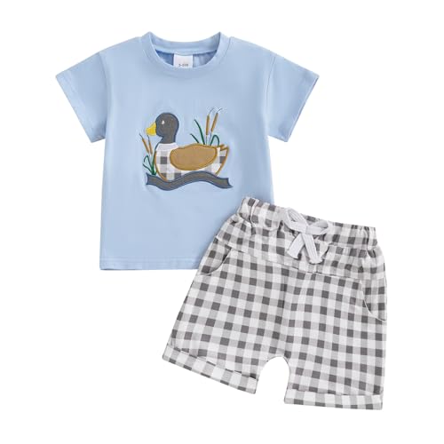 Ayalinggo Toddler Baby Boy Clothes Mallard Duck Hunting Short Sleeve Tshirt Elastic Waist Pockets Shorts Kids Summer Outfits (Blue, 3-6 Months)