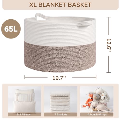 Image of INDRESSME Large Blanket Basket, Laundry Toy Storage Baskets, Decorative Woven Basket for Living Room & Nursery, Baskets for Gifts Empty, Laundry, Dog Toys, Towels, White & Brown, 19.7 inch D x 12.6 inch H