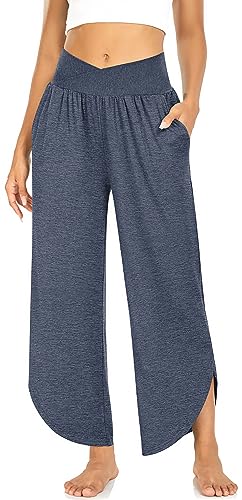 TARSE Womens Wide Leg Yoga Pants Cross High Waisted Capris Petite Palazzo Split Leg Trousers Casual Loose Boho Flared Sweatpants with Pockets(HeatherNavy,S)