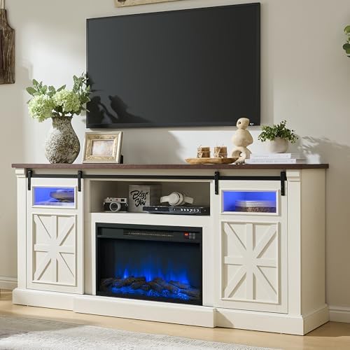 Fireplace TV Stand for up to 80 Inch TVs, 32’’ Tall LED Entertainment Center with Electric Fireplace, Farmhouse TV Console Table w/Sliding Barn Door & Window for Living Room, Antique White