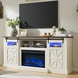 Unineo Fireplace TV Stand for up to 80 Inch TVs, 32’’ Tall LED Entertainment Center with Electric Fireplace, Farmhouse TV Console Table w/Sliding Barn Door & Window for Living Room, Antique White
