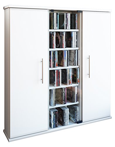 VCM CD Regal Holz Santo Weiß – CD Schrank mit 1 ESG Glastür & 2 Holztüren für 450 CDs, 195 DVDs oder 108 Blu-Rays, Maße 92×86×18 cm, eleganter DVD & Blu-ray Aufbewahrungsschrank