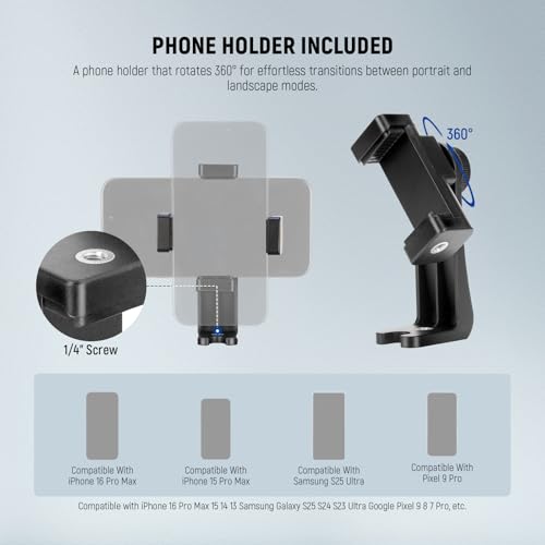 Image of NEEWER BASICS Camera Tripod, 71'' Tripod with Cell Phone Holder Mount Compatible with iPhone for Video Recording, Professional Aluminum Lightweight Portable Travel Stand with 3 Way Pan Tilt Head, TP55