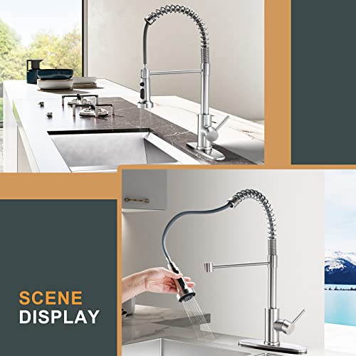 Flotech Brushed Nickel Kitchen Faucets With Pull Down Sprayer,Commercial Single Handle Pull Out Stainless Steel Spring Kitchen Sink Faucet With Deck Plate To Cover 1 Or 3 Holes For Farmhouse Bar Sinks #TOP6