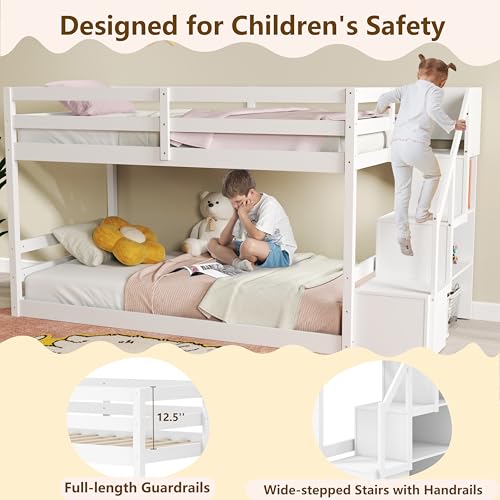KOMFOTT Wood Twin Over Twin Low Bunk Bed with Storage Staircase, Wooden Bunk Bed Frame with Full-Length Guardrails, Low Profile Kids Bed with Slats Support, No Box Spring Needed (White)