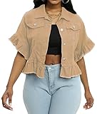 vunahzma Women's Denim Jacket Button Down Distressed Ruffle Sleeve Crop Jean Jackets Coat Khaki(Khaki XL)