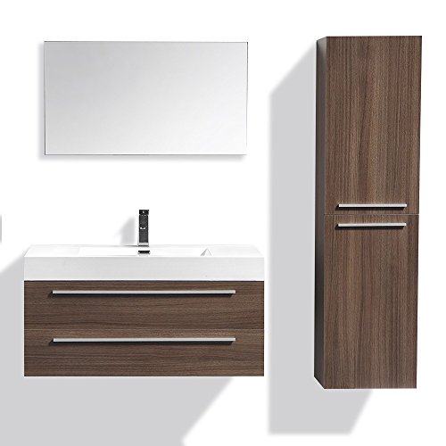 interougehome - Ensemble de Meuble de Salle de Bain en Bois avec Simple Vasque Coloris Brun Cendré- Miroir Mural - Meuble de Rangement