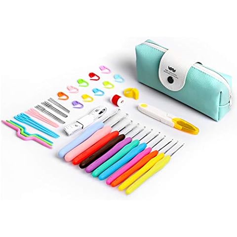 Norjews Crochet Hook Set Colorful Ergonomic Soft Rubber Comfort Grip Crochet Knitting Needles Kit Household Tool with Portable Bag - 44 Pack (Green) Cover