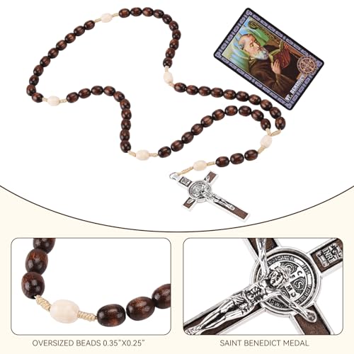 Rosary Beads Catholic for Women Men, 2 PCS Orthodox Rosaries Crucifix Necklace with Saint Benedict Medal Prayer Card, Handmade Wood Rosary Cross Catholic Gifts, Mexican Rosarios Catolicos Para Hombre4