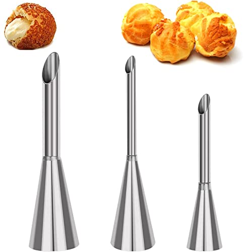 XOPOZON Lot de 3 Douille de Pâtisserie Petit Choux, Douilles Professionnelles en Acier Inoxydable à Garnir, Cupcake Puffs Injection Seringue, 5/6/8mm pour la Décoration de Houppette