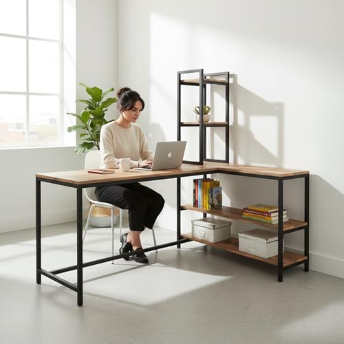 Image of Amazon Brand - Solimo L Shaped Study Table for Students and Adults /Computer Table for Home-Office /Gaming Table /Computer Desk for Corner - Wood & Metal (English-Forest Dark & Black, DIY Installation)