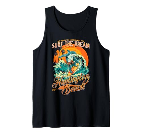 Huntington Beach Surf Shark Retro Wave California Sunset Tank Top