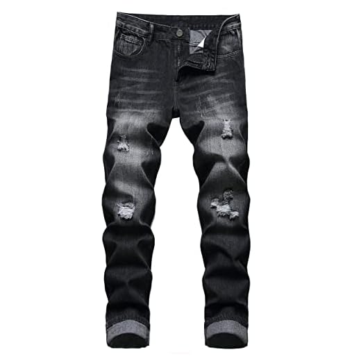 AMABCDET Men's Ripped Jeans Relaxed Fit Distressed Destroyed Regular Straight Leg Denim Pants(E968,32W x 42L)