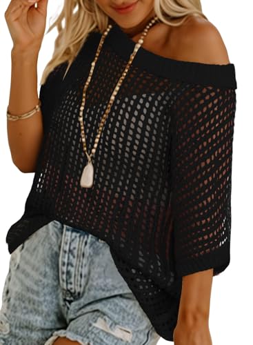 Womens Summer Tops Sexy Off Shoulder Club Date Night Outfits See Through Fishnet Tops Swim Bathing Suit Cover Ups Black L