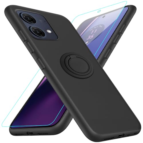 Compatible for Motorola Moto G84 5G Phone Case with Glass Screen Protector, 360° Rotatable Ring Holder Kickstand/Stand Silicone TPU Protective Cover Case for Motorola Moto G84 5G XT2347 - Black - image 1