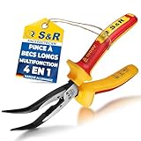 S&R Pince à becs demi ronds courbes 200 mm. Pince d’éléctricien coupe fils avec isola...