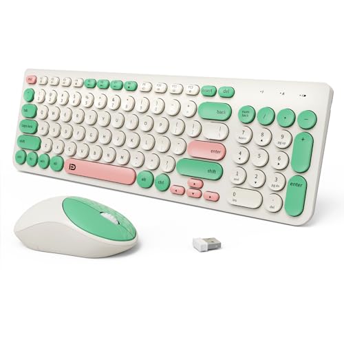 Image of Wireless Keyboard and Mouse Combo, 2.4GHz USB Cordless Round Keys Set for Laptop, Computer, TV (White+Green)