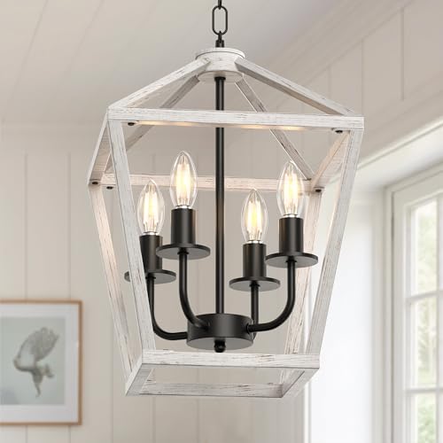 Image of Farmhouse Lantern Chandelier 4-Light, Industrial Brushed White Oak Ceiling Light Fixture with Open Cage and Adjustable Hanging Height, E12 Base for Kitchen Island, Dining Room, Entryway, Foyer