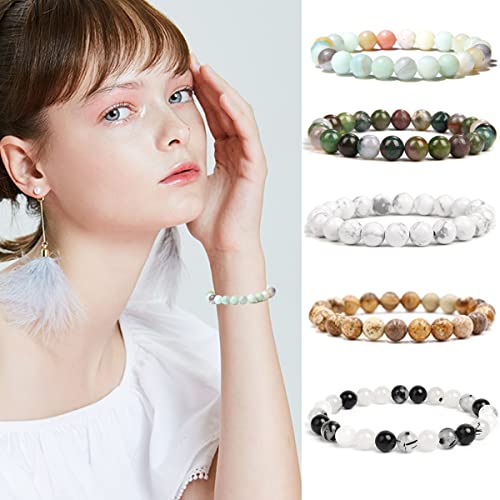 12 Pcs 8mm Gemstones Beaded Bracelets for Men Women Semi-Precious Stone Stretch Round Bead Crystal Bracelets Unisex4