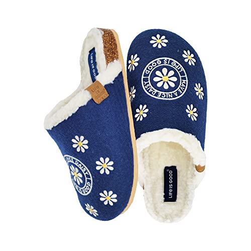 Life Is Good Women's Closed Toe Mule Slippers, 302891W - Indoor/Outdoor Soft Slip-On - Comfortable Lightweight Plush Slide With Cushioned Support & Eva Outsoles (Darkest Blue/Daisy - Size 9) #TOP1