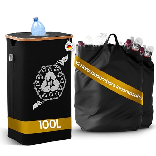 Wohnefy® 100 L Deposit Bottles Collection Container (Black) with Slot & 2 Carry Bags, Empty Bottle Collector for Household & Kitchen, Rubbish Bin with Lid, Deposit Container for Waste Glass & Empty