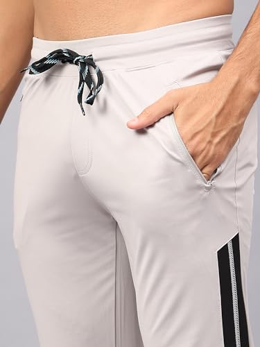 Image of Men 4 Way Lycra Bottom Contrast Striped Gym, Yoga & Sports Wear Stretchable Dri Fit Track Pant with Zipper Pockets Light Grey Medium