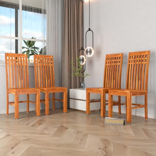 Image of Solid Sheesham Wood Dining Chair Set of 4 | Premium Wooden Dining Chairs | Elegant Vertical Slatted High Backrest | Heavy Duty Dining Table Chairs for Home, Kitchen & Dining Room