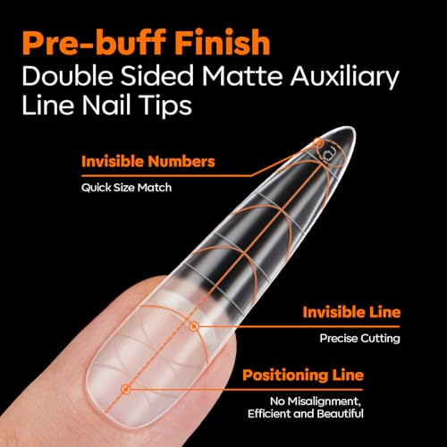 Image of modelones Long Almond Guiding Line Nail Tips, Stiletto Soft Gel Tips Fake Nails False Acrylic Extensions Seamless Accurate Positioning Scale Line, Full Matte Professional Nail Salon 216PCS 12Sizes