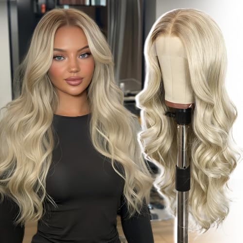 SOMIARIK Long Ombre Blonde Wavy Wig for Women Transparent Lace Front Synthetic Wig Pre Plucked with Baby Hair Middle Part Natural Looking Heat Resistant Fiber 26 Inch