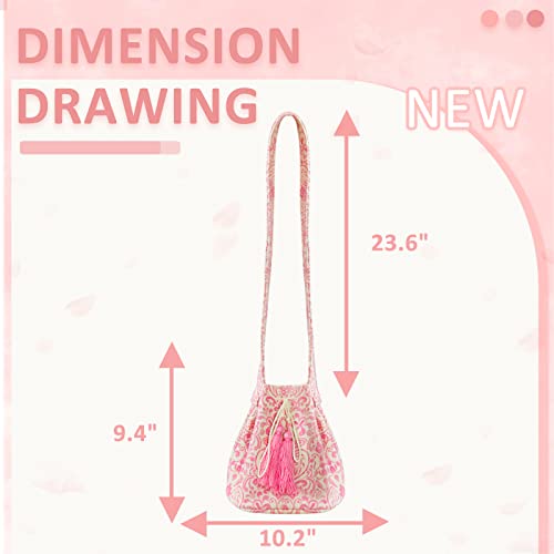 Canvas Crossbody Bags for Women, Tassels Drawstring Bucket Bag, Bohemian Pink Floral Pattern Handbag, Large Capacity Travel Shoulder Bag2