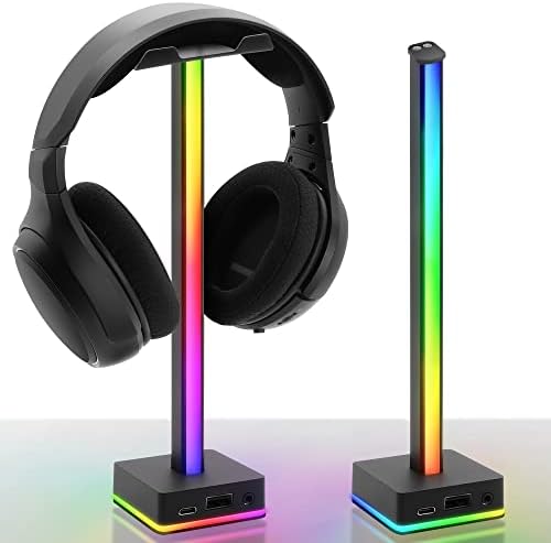 EZDIY-FAB USB LED Light Bar Headphones Stand, Desktop Atmosphere RGB Backlight,50 Built-in Color Modes, Headphone Holder for Gamers Gaming PC PS5 Accessories Desk- Black- 1 Pack