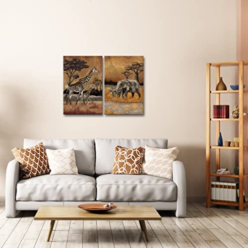 Fushvre Africa Animal Pictures Wall Art 2 Pieces Mom And Baby Giraffe Elephant Painting Vintage Safari Wildlife Artwork For Home Bedroom Living Room Decor #TOP1