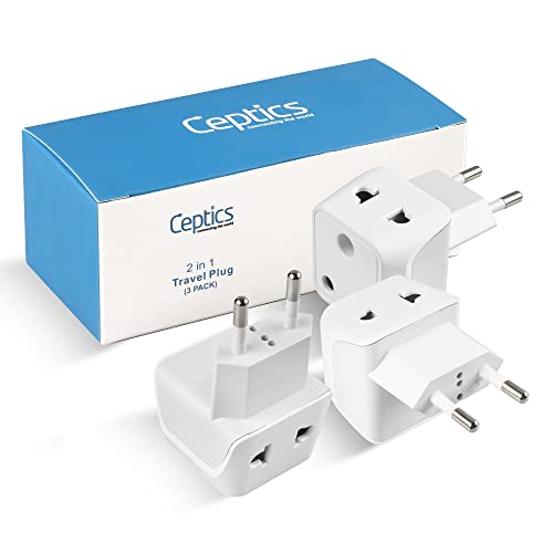 Image of Ceptics European Travel Adapter, 2 in 1 India to European, Germany, France Adapter - Type C European Plug Adapter for Laptops, Phones, Chargers, CE - RoHS - 3 Pack