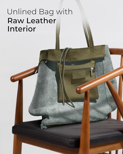 Image of Genuine Italian Leather Tote Bag for Women, Large Slouchy Purse, Olive | Unstructured bag, raw unlined interior with zip pocket, top zipper, side ties, folds flat, fits a 16-inch laptop, lightweight
