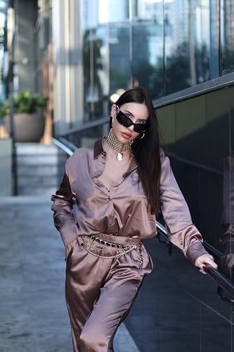 Ekouaer Womens Satin Silky Pajama Set 2 Piece Print PJs Soft Loungewear Button Down Sleepwear with Elastic Waist Long Pants