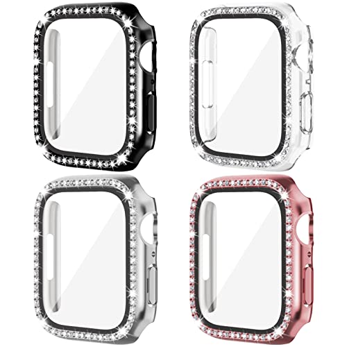 Hülle Kompatibel mit Apple Watch 7 Schutzhülle 45mm, 4 Stück Aliaoce Glitzer Gehäuse mit Strasssteine für iwatch Series 7 Schutz 45 mm Case Zubehör mit Diamanten MetallFarbe Schwarz+Klar+Silber+Rosa Cover