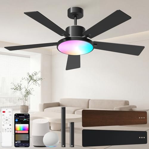CINOTON Smart Ceiling Fan with Lights 52 RGBCW Ceiling Fan with Lights and Remote App Voice Control Reversible DC Motor 2600lm Dimmable 6 Speeds & 2 Fan Modes Quiet Fan for Bedroom Living Room