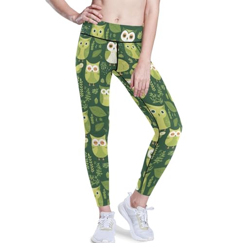 KLL Women High Waisted Workout Yoga Leggings Stretchy Gym Pants Owl Cute Cartoon Forest Green, XXL