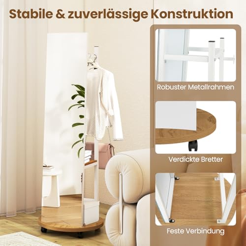 COSTWAY 2 w 1 wieszak na garderobę na całe ciało, wolnostojący wieszak na ubrania z 3 haczykami, otwartymi półkami i uniwersalnymi kółkami, lustro stojące do sypialni, szafy na ubrania i przedpokoju