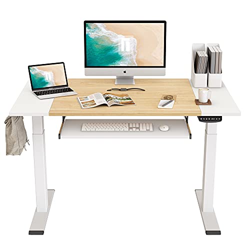Fezibo Dual Motor Height Adjustable Electric Standing Desk, 48 X 24 Inches Full Sit Stand Home Office Table With Splice Board, White Frame/White And Natural Top #TOP16