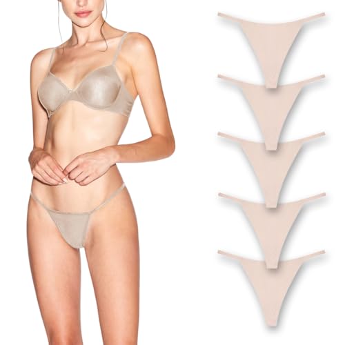 BARE SKIN ESSENTIALS Women’s Extra Large 5‑Pack Seamless G‑String Thongs with 100% Cotton Gusset – No‑Show Invisible Underwear in Skin Tone | Lightweight Nude Panty Lingerie for All-Day Comfort