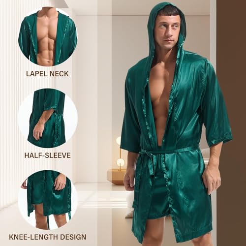 AMY COULEE Mens Silk Robe with Shorts 2 Pcs Satin Boxers Hooded Bathrobe Sexy Pajama Set Half sleeve Sleepwear2