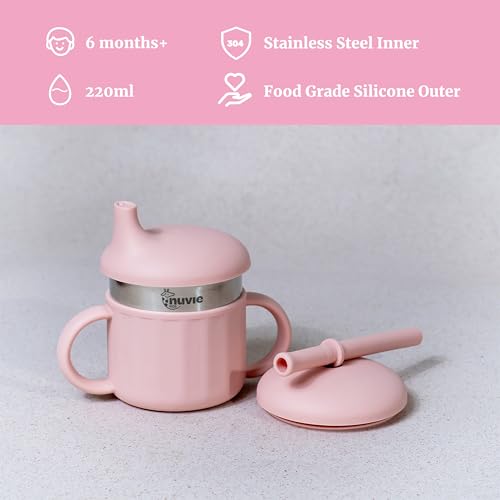 Image of Feeding Set of 4 for Kids | Suction Plate Bowl Spoon Fork Sippy Cup | Stainless Steel | Easy Grip | Self Feeding Set | Dishwasher Safe | 3 Colours (Rosebud)